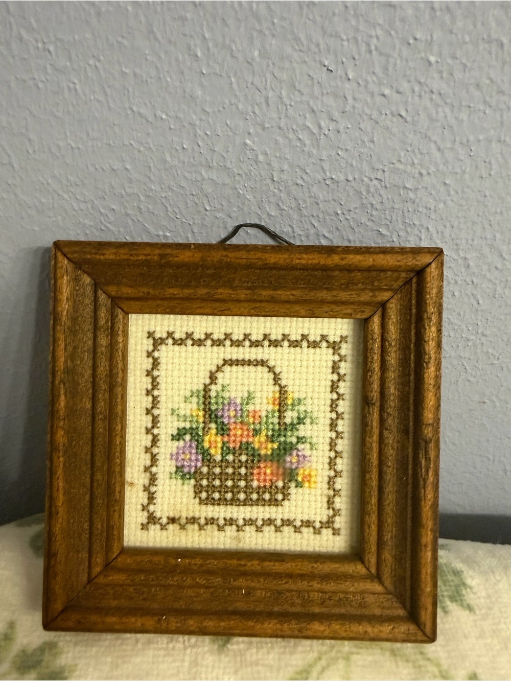Framed Floral Basket Cross-Stitch Wall Accent - Brown Frame vintage signed